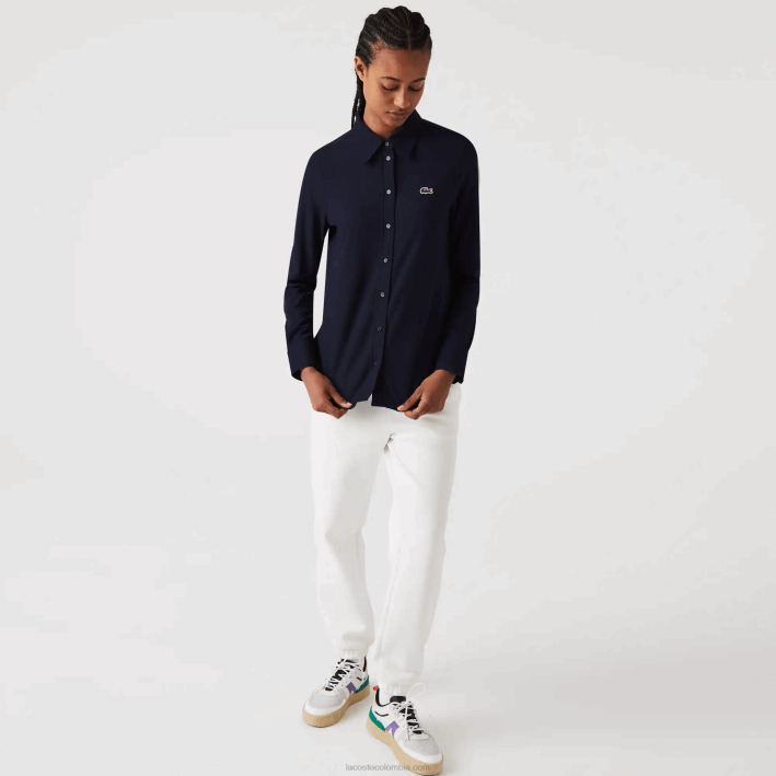 mujer Lacoste 6F242649 azul marino 166 camisa de piqué de algodón con cuello francés