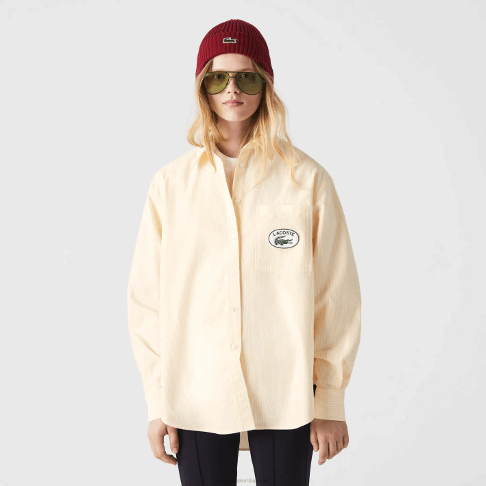 mujer Lacoste 6F242651 amarillo blanco hhf camisa oversize de algodón oxford