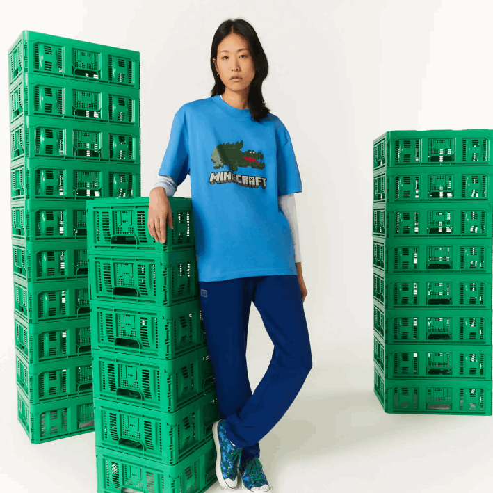 mujer6F24881 azul l99 camiseta de algodón orgánico con estampado lacoste x minecraft