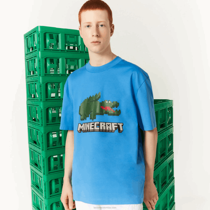 mujer6F24881 azul l99 camiseta de algodón orgánico con estampado lacoste x minecraft
