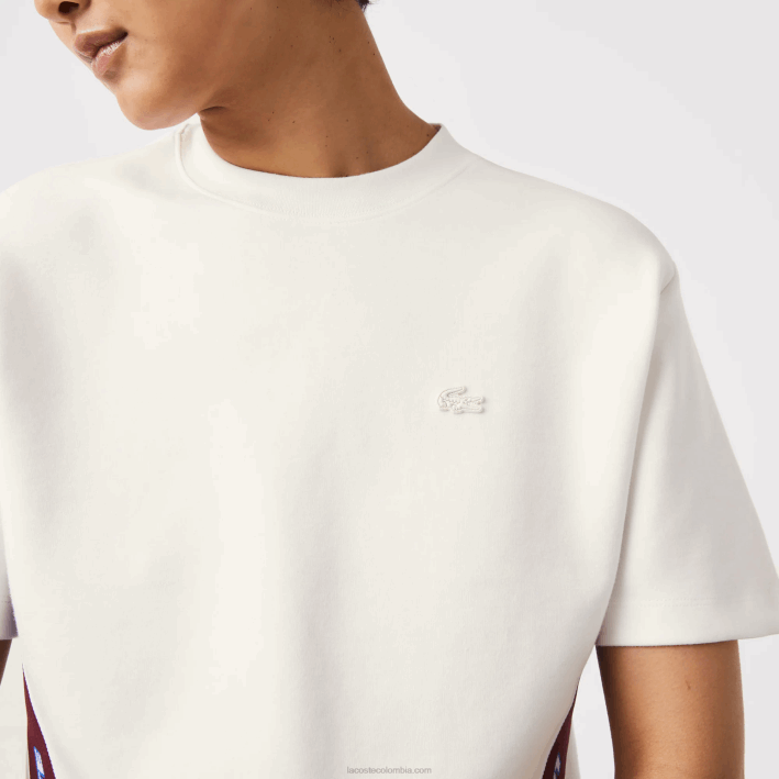 mujer Lacoste 6F242547 blanco 70v camiseta holgada con bandas estampadas