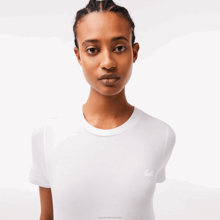 mujer Lacoste 6F242563 blanco 001 camiseta de mezcla de algodón con cuello redondo