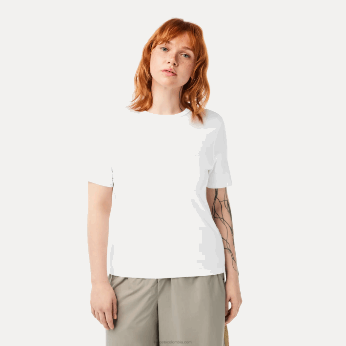 mujer Lacoste 6F242563 blanco 001 camiseta de mezcla de algodón con cuello redondo