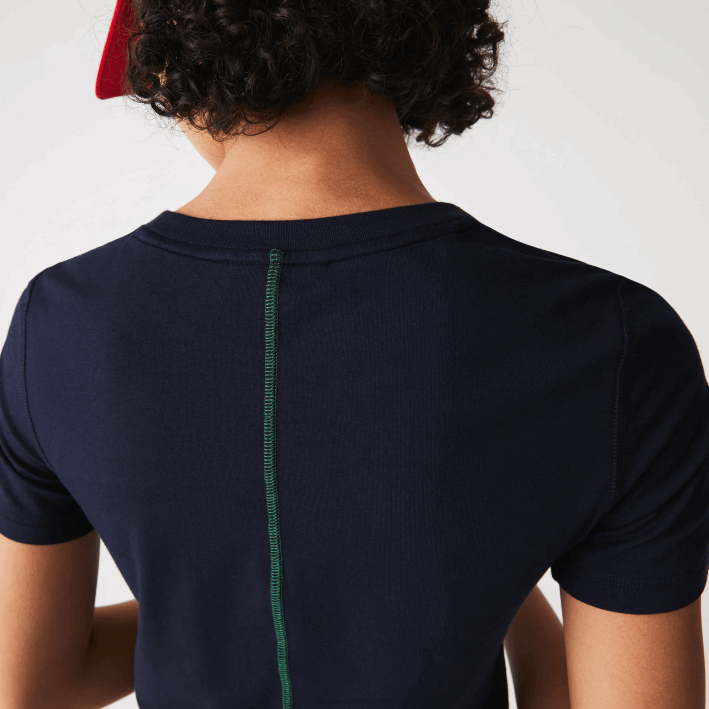 mujer Lacoste 6F242564 azul marino 166 camiseta de mezcla de algodón con cuello redondo
