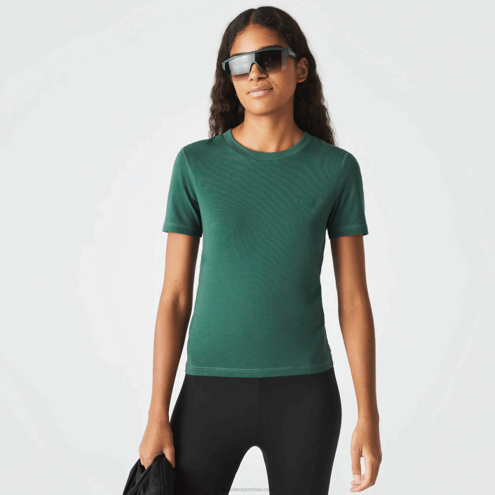 mujer Lacoste 6F242565 verde 5hx camiseta de mezcla de algodón con cuello redondo mujer Lacoste 6F242565 verde 5hx camiseta de mezcla de algodón con cuello redondo