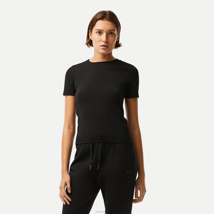 mujer Lacoste 6F242566 negro 031 camiseta de mezcla de algodón con cuello redondo mujer Lacoste 6F242566 negro 031 camiseta de mezcla de algodón con cuello redondo