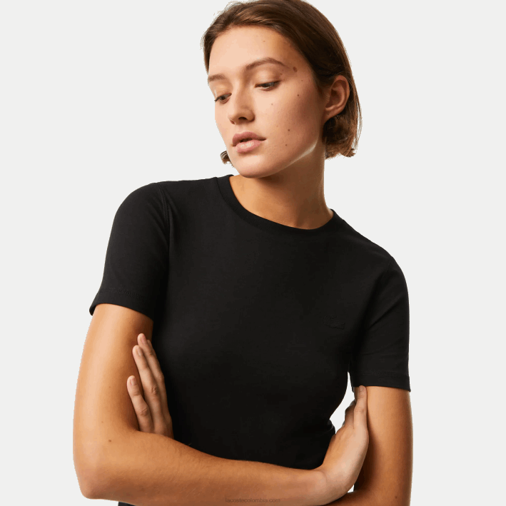 mujer Lacoste 6F242566 negro 031 camiseta de mezcla de algodón con cuello redondo