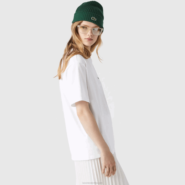 mujer Lacoste 6F242590 blanco 001 playera de algodón premium con cuello redondo