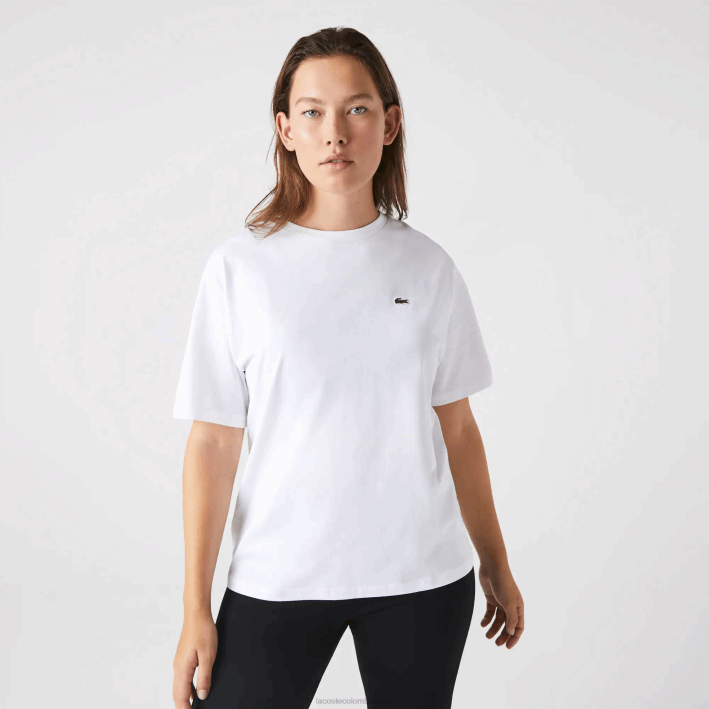 mujer Lacoste 6F242590 blanco 001 playera de algodón premium con cuello redondo