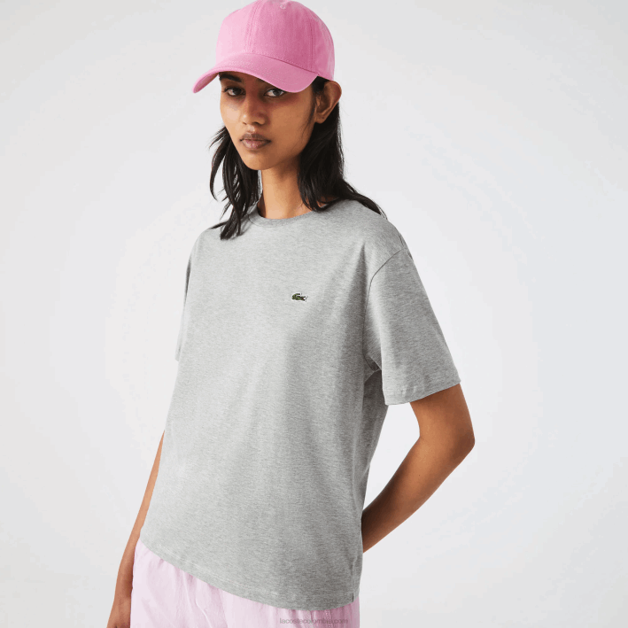mujer Lacoste 6F242591 lomo gris cca playera de algodón premium con cuello redondo mujer Lacoste 6F242591 lomo gris cca playera de algodón premium con cuello redondo
