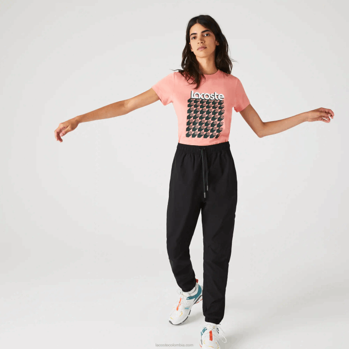 mujer Lacoste 6F242596 rosa blanco verde qzc camiseta sport transpirable estampado pata de gallo