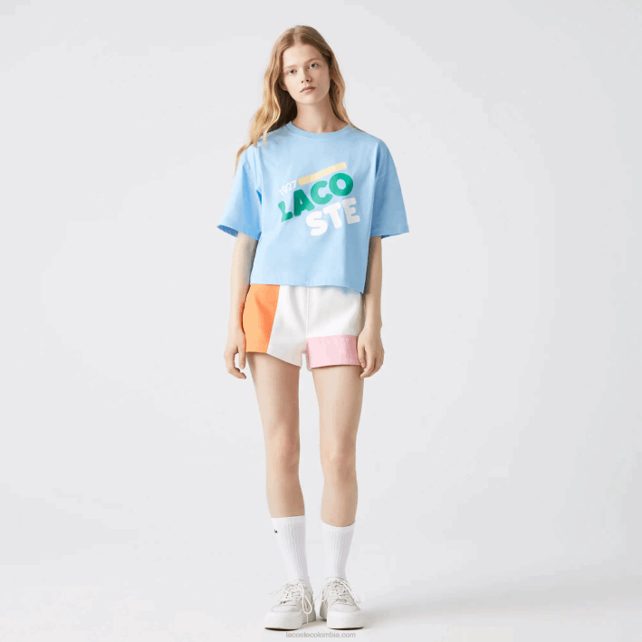 mujer Lacoste 6F242611 hbp azul camiseta corta jaspeada de algodón orgánico