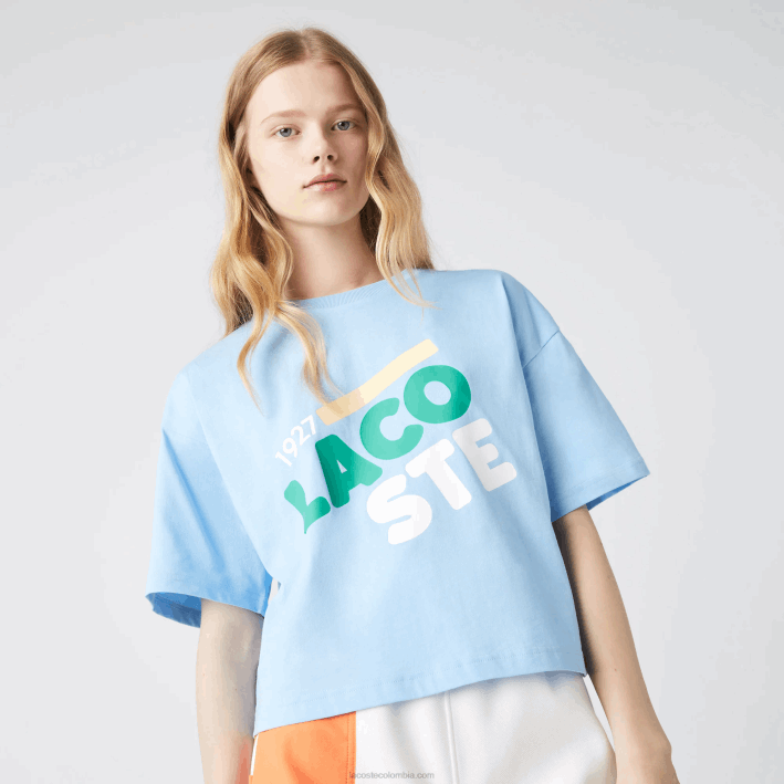 mujer Lacoste 6F242611 hbp azul camiseta corta jaspeada de algodón orgánico