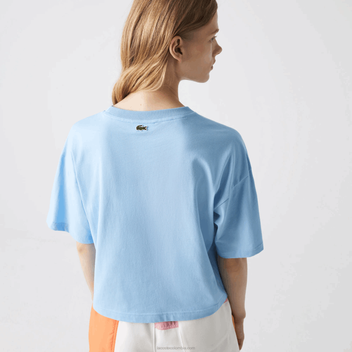 mujer Lacoste 6F242611 hbp azul camiseta corta jaspeada de algodón orgánico