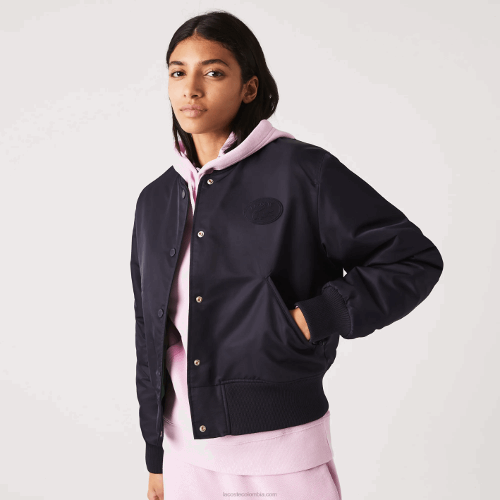 mujer Lacoste 6F242623 fondo azul marino chamarra bomber acolchada de nailon