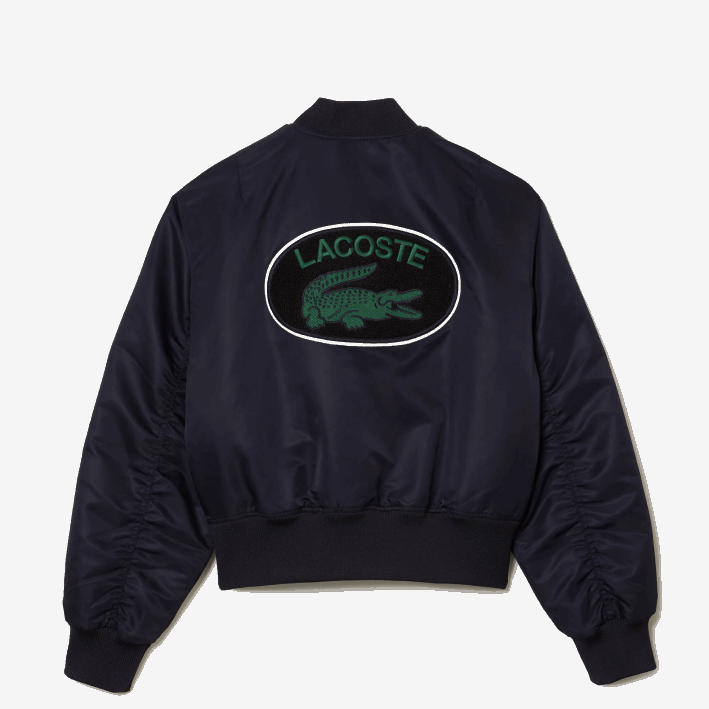 mujer Lacoste 6F242623 fondo azul marino chamarra bomber acolchada de nailon