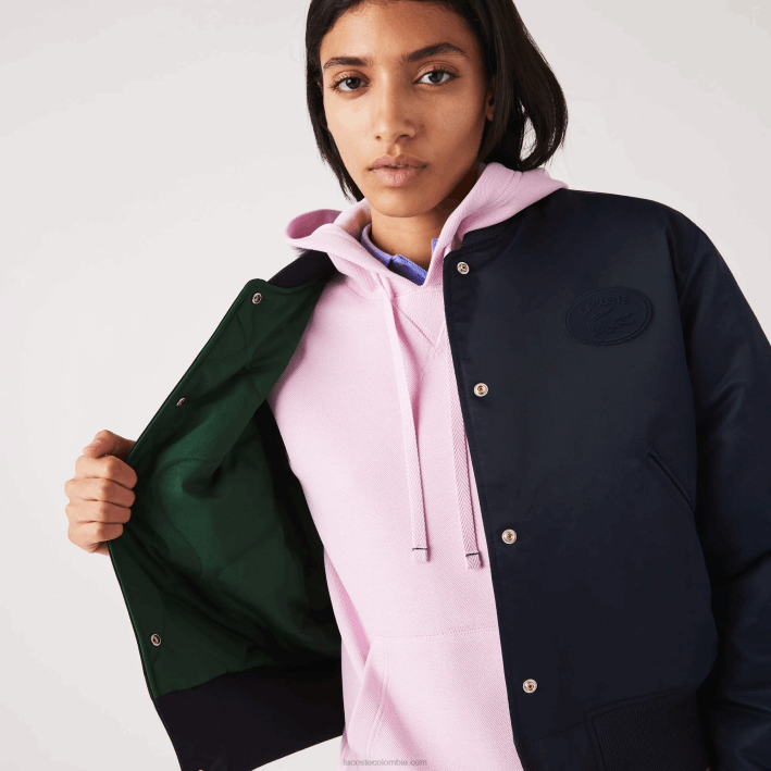 mujer Lacoste 6F242623 fondo azul marino chamarra bomber acolchada de nailon
