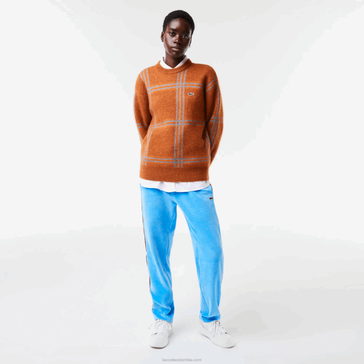 mujer Lacoste 6F241426 marrón azul naranja vn2 suéter de corte holgado en mezcla de lana con estampado de tartán