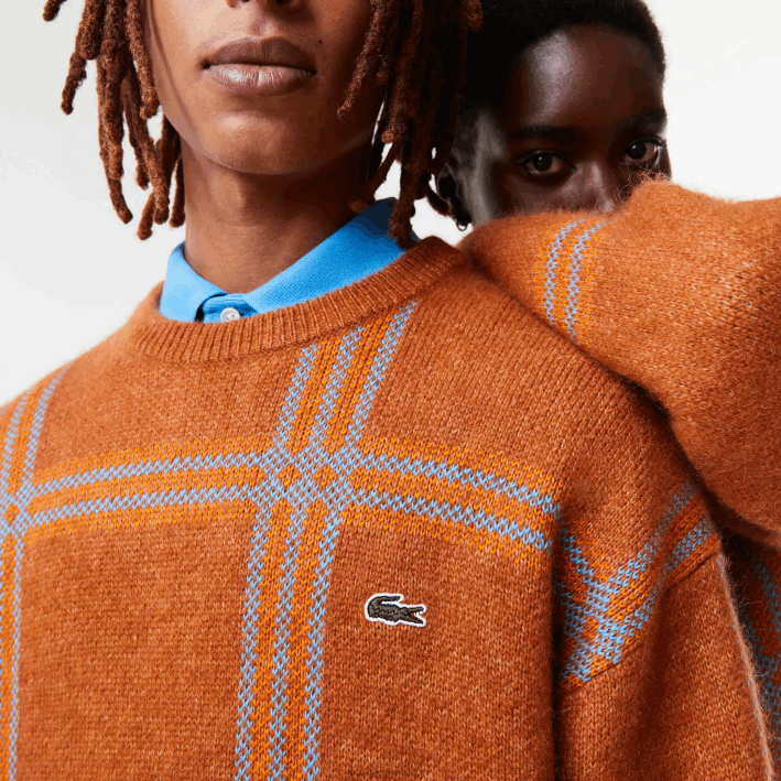 mujer Lacoste 6F241426 marrón azul naranja vn2 suéter de corte holgado en mezcla de lana con estampado de tartán