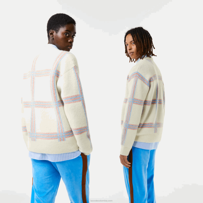 mujer Lacoste 6F241427 blanco rojo azul 7d1 suéter de corte holgado en mezcla de lana con estampado de tartán
