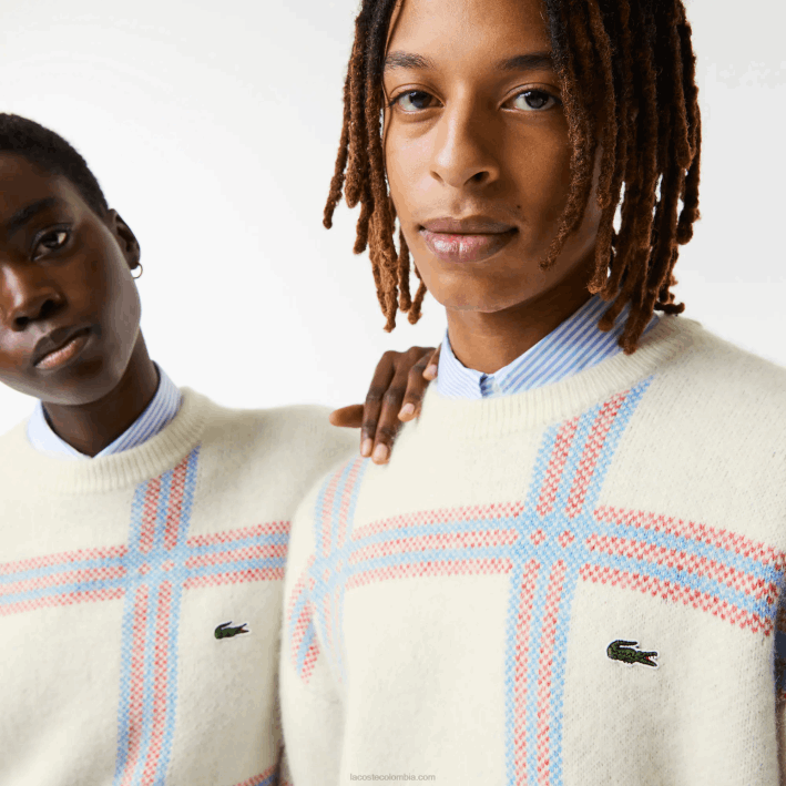 mujer Lacoste 6F241427 blanco rojo azul 7d1 suéter de corte holgado en mezcla de lana con estampado de tartán