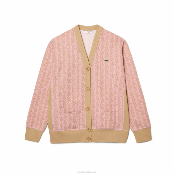 mujer Lacoste 6F242634 rosa claro beige nxg cárdigan holgado con monograma estampado