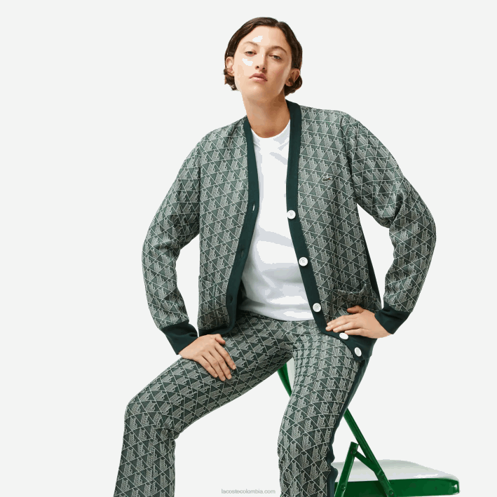 mujer Lacoste 6F242635 beige verde 7m4 cárdigan holgado con monograma estampado