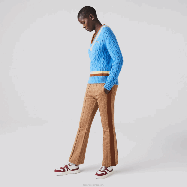 mujer Lacoste 6F242636 azul amarillo marrón 060 jersey de ochos de lana con cuello en V