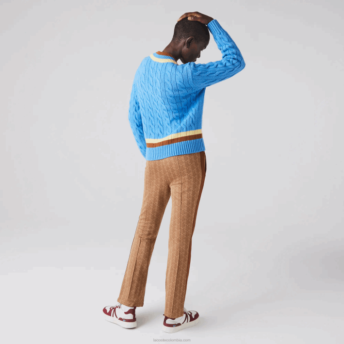 mujer Lacoste 6F242636 azul amarillo marrón 060 jersey de ochos de lana con cuello en V