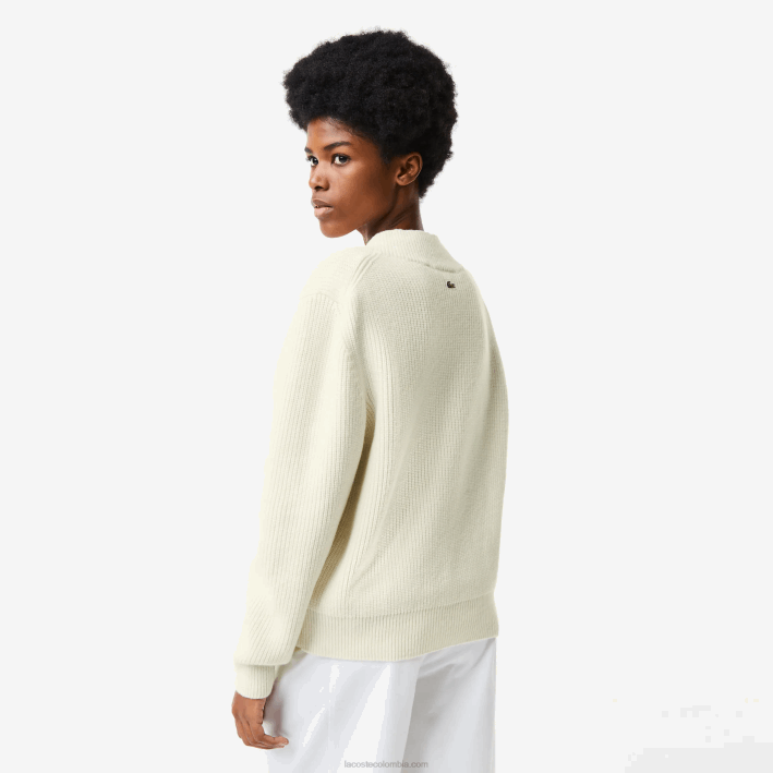 mujer Lacoste 6F242642 blanco 70v jersey de lana con cuello de pico y placa de cómic