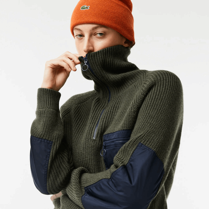 mujer Lacoste 6F242656 caqui verde azul marino u74 suéter colorblock con cuello camionero y cremallera