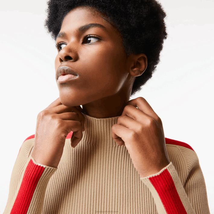 mujer Lacoste 6F242657 beige rojo vsc jersey sin costuras con bandas en contraste