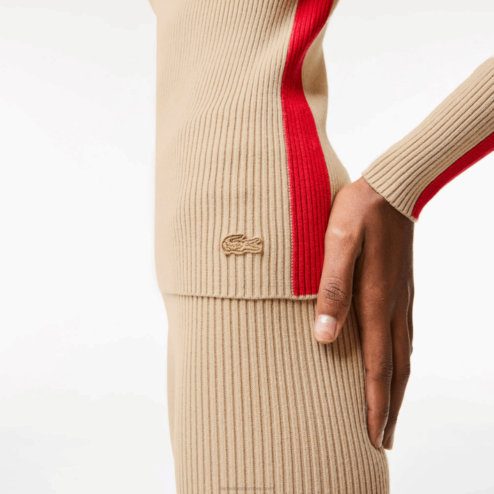 mujer Lacoste 6F242657 beige rojo vsc jersey sin costuras con bandas en contraste