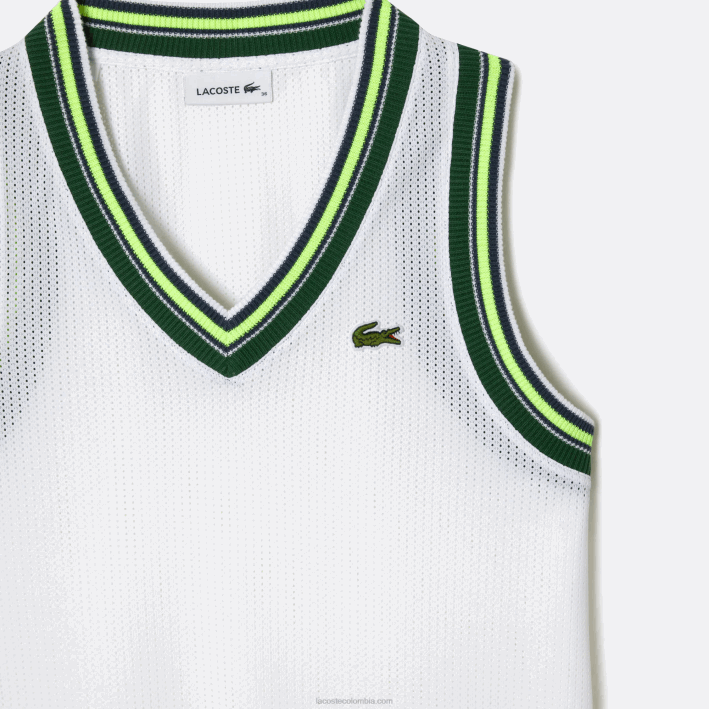 mujer Lacoste 6F242442 blanco 001 camiseta sin mangas con cuello en V en contraste