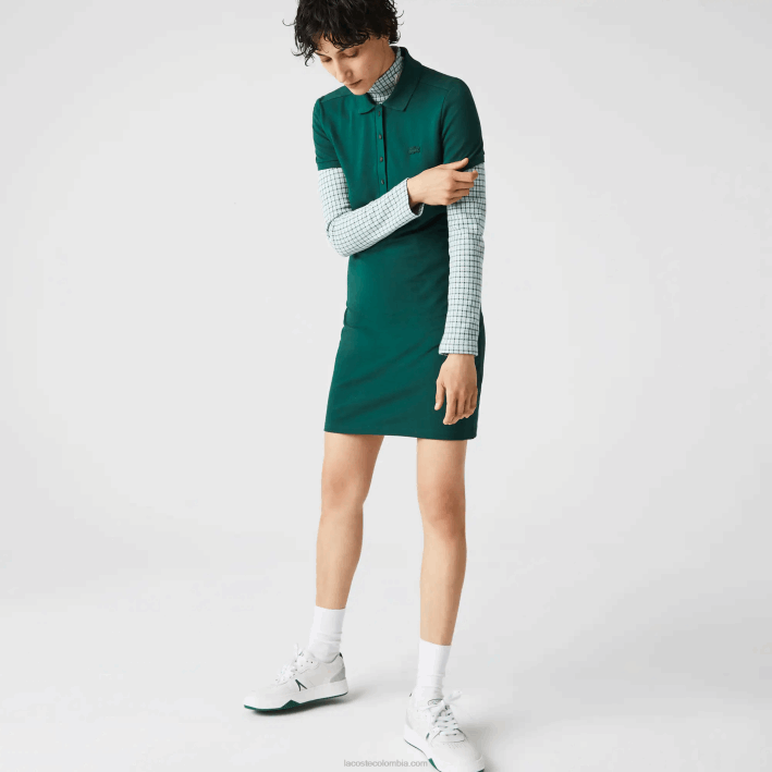 mujer Lacoste 6F242467 verde 3m2 vestido tipo polo de piqué de algodón elástico