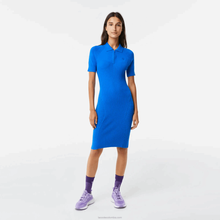 mujer Lacoste 6F242482 k1q azul vestido con detalles de punto y cremallera en la parte delantera mujer Lacoste 6F242482 k1q azul vestido con detalles de punto y cremallera en la parte delantera