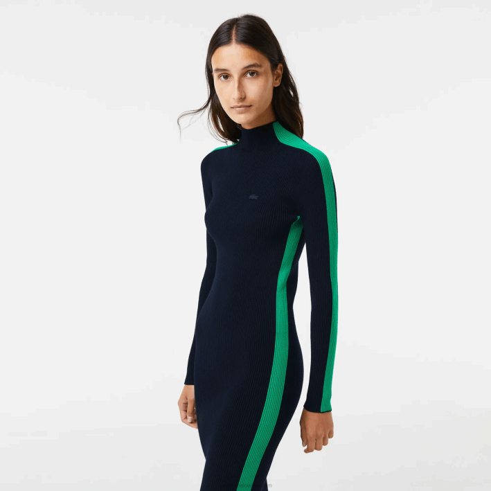 mujer Lacoste 6F242485 azul marino verde 9eq vestido tejido sin costuras con banda en contraste mujer Lacoste 6F242485 azul marino verde 9eq vestido tejido sin costuras con banda en contraste