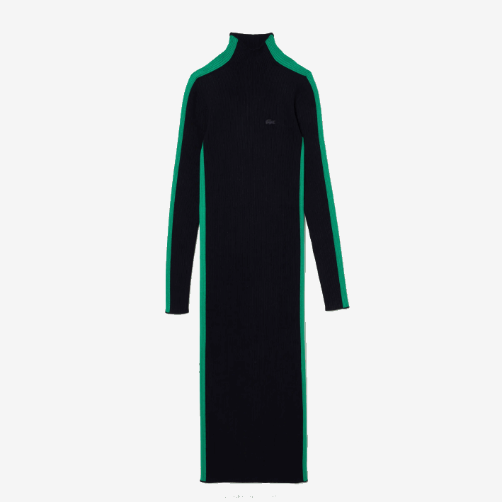 mujer Lacoste 6F242485 azul marino verde 9eq vestido tejido sin costuras con banda en contraste
