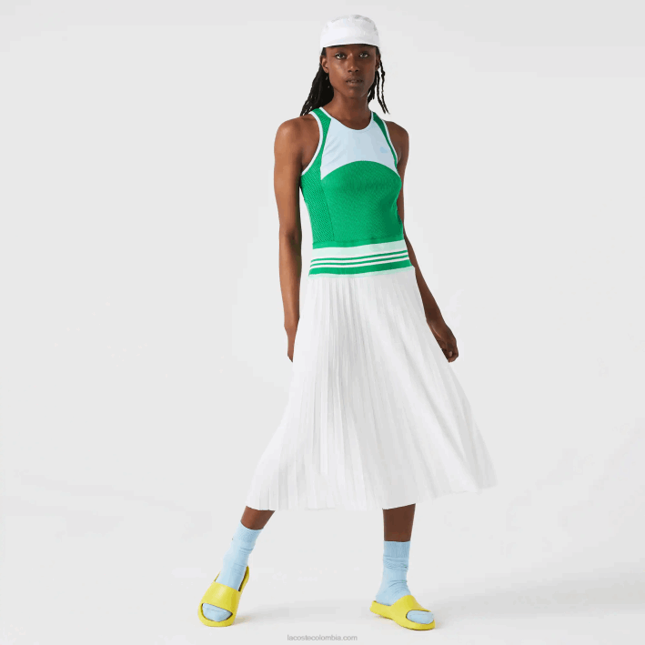 mujer Lacoste 6F242497 azul verde blanco 2c5 vestido sin mangas plisado con bloques de color mujer Lacoste 6F242497 azul verde blanco 2c5 vestido sin mangas plisado con bloques de color