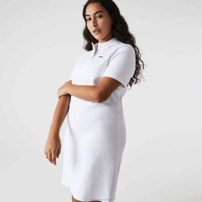 mujer Lacoste 6F242511 blanco 001 vestido tipo polo de piqué con manga trompeta