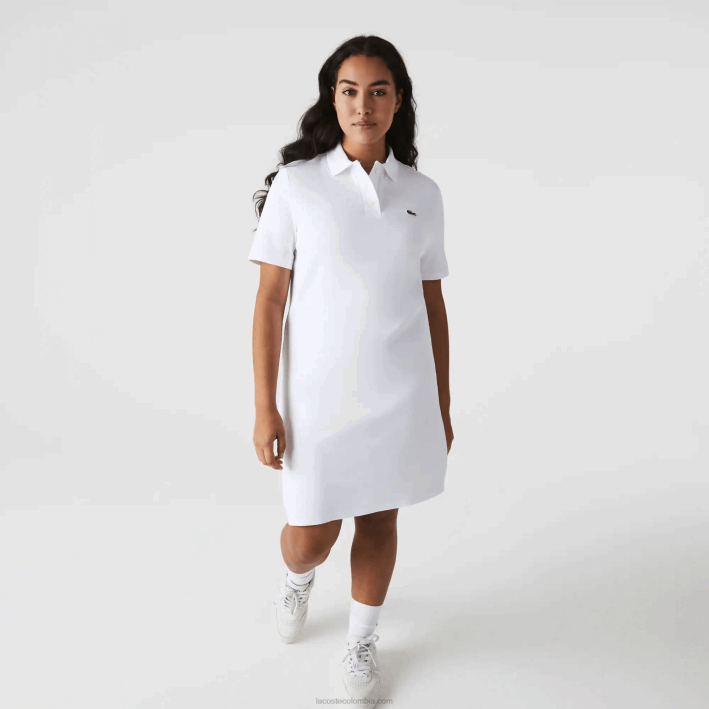 mujer Lacoste 6F242511 blanco 001 vestido tipo polo de piqué con manga trompeta