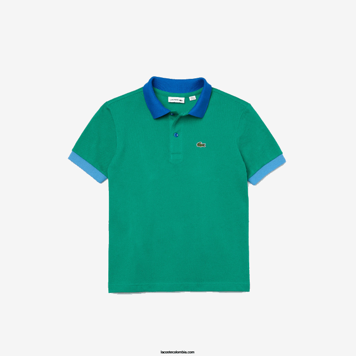 Niños Lacoste 6F242958 verde azul x28 polo de piqué de algodón con cuello en contraste Niños Lacoste 6F242958 verde azul x28 polo de piqué de algodón con cuello en contraste