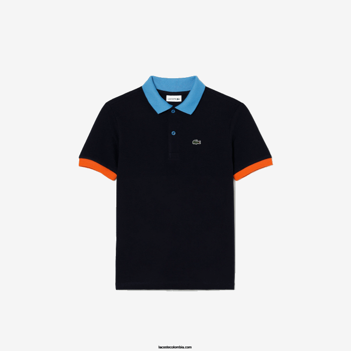 Niños Lacoste 6F242959 azul marino naranja x57 polo de piqué de algodón con cuello en contraste Niños Lacoste 6F242959 azul marino naranja x57 polo de piqué de algodón con cuello en contraste