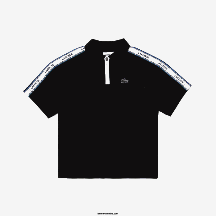 Niños Lacoste 6F242960 negro 031 polo con cremallera y bandas estampadas en el cuello Niños Lacoste 6F242960 negro 031 polo con cremallera y bandas estampadas en el cuello
