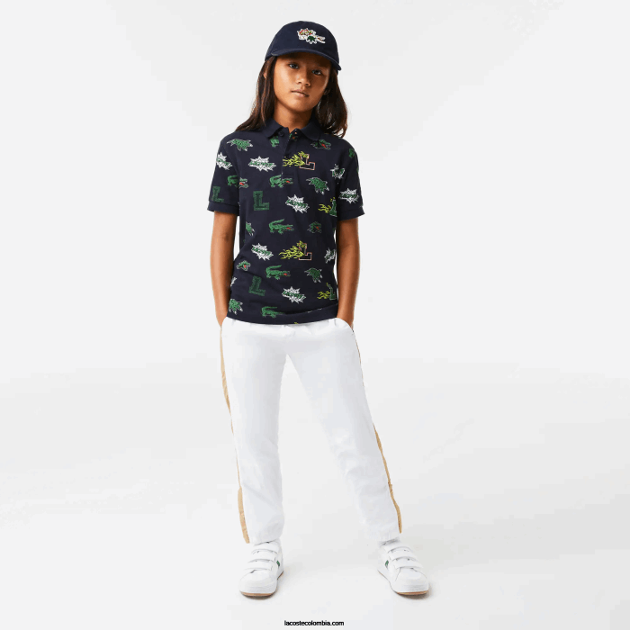 niños Lacoste 6F242955 azul marino 166 playera tipo polo con estampado de cocodrilo