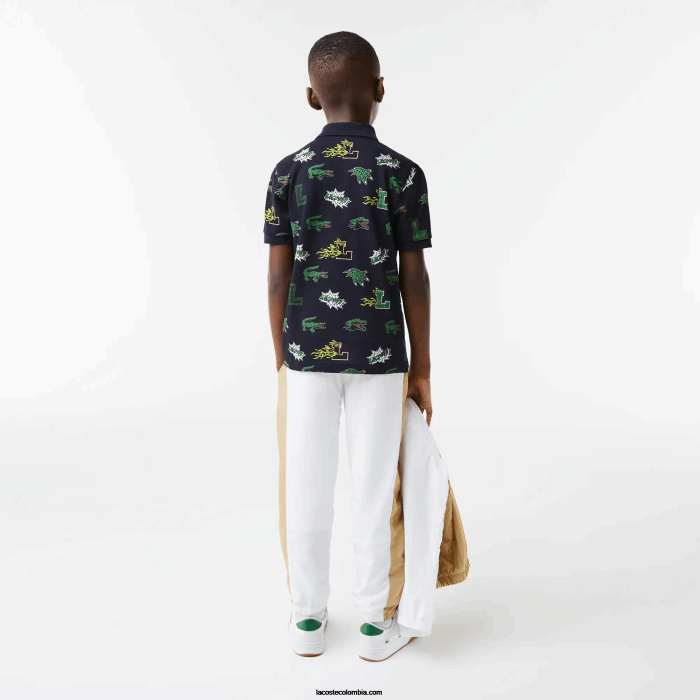 niños Lacoste 6F242955 azul marino 166 playera tipo polo con estampado de cocodrilo
