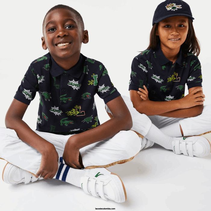 niños Lacoste 6F242955 azul marino 166 playera tipo polo con estampado de cocodrilo