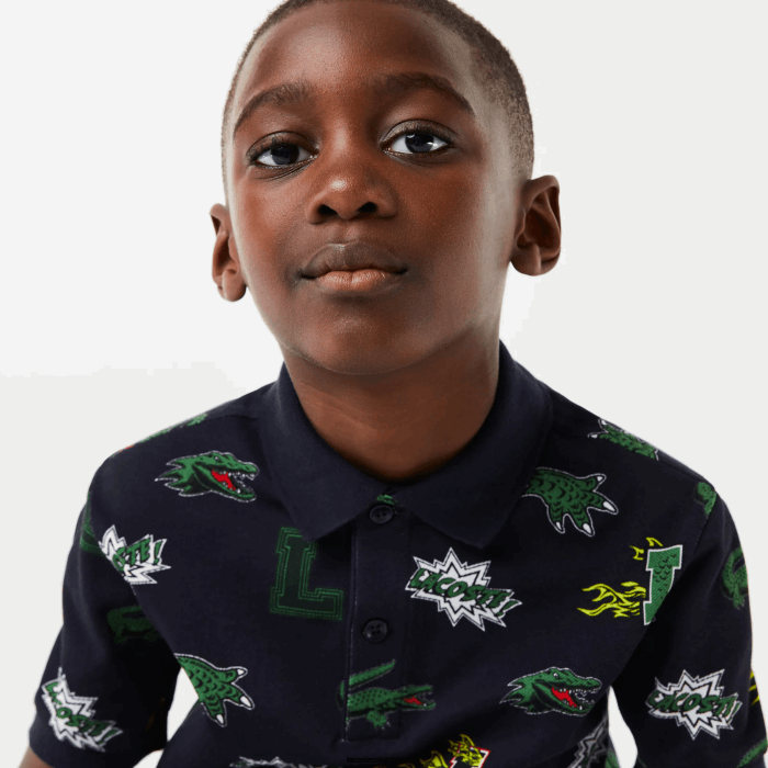 niños Lacoste 6F242955 azul marino 166 playera tipo polo con estampado de cocodrilo