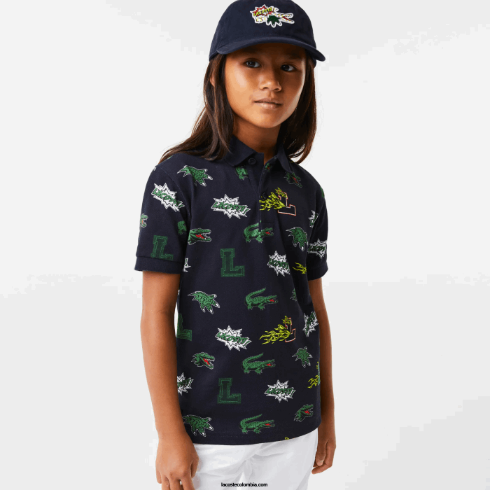 niños Lacoste 6F242955 azul marino 166 playera tipo polo con estampado de cocodrilo
