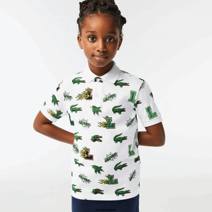 niños Lacoste 6F242956 blanco 001 playera tipo polo con estampado de cocodrilo